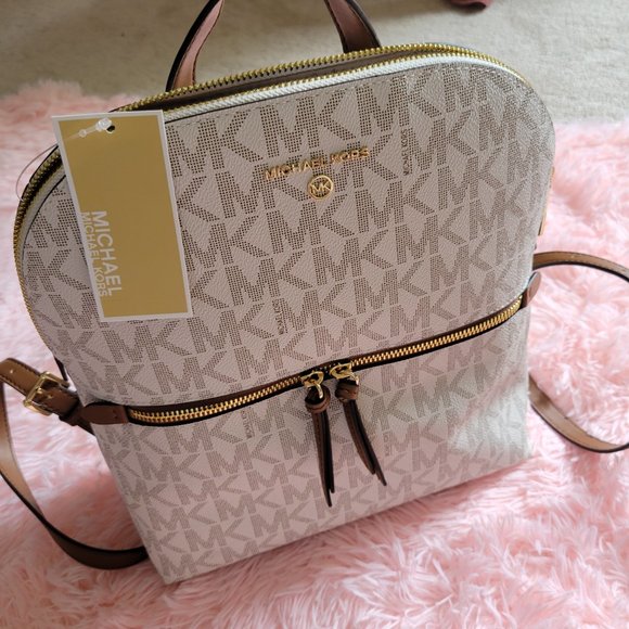 MICHAEL KORS Cindy MK Signature Beige Large Backpack Bag Gold Logo Retails $298 main image 5